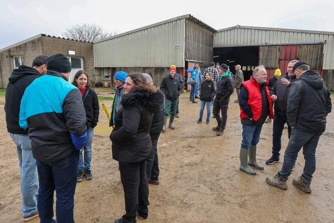 Rassemblement de manifestants contre l’abattage de 83 vaches, devant une exploitation agricole de Pouilley-Français (Doubs), le 1ᵉʳ décembre 2025.