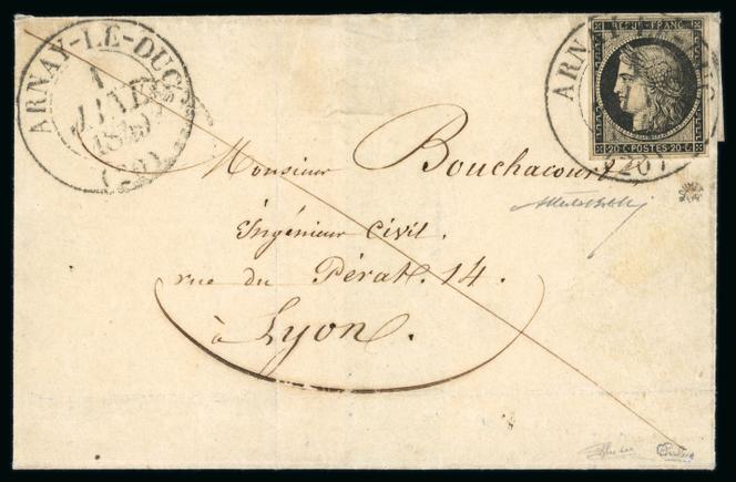 20 centimes noir « Cérès » sur lettre d’Arnay-le-Duc (Côte-d’Or) du 1er janvier 1849, 25 000/40 000 euros.