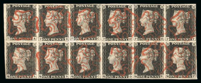 Le premier timbre au monde émis en 1840 en Grande-Bretagne, bloc de douze du « black penny » oblitéré, estimé 40 000 à 44 000 livres (45 560 à 50 115 euros).