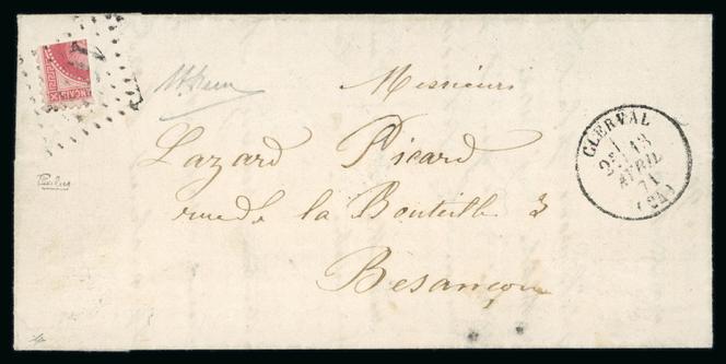 Affranchissement « de fortune » : lettre avec un quart de 80 centimes rose « Empire » lauré dentelé, pour faire 20 centimes, 36 000/50 000 euros.