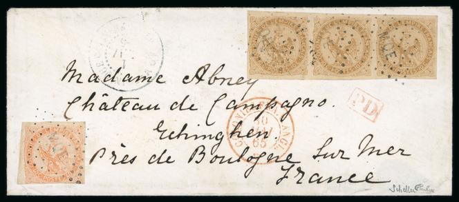 Lettre de la Martinique pour Boulogne-sur-Mer de 1865 estimée 240/400 euros. Timbres au type « Aigle » des colonies générales.