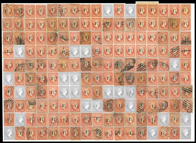 Cuba, reconstitution (les philatélistes parlent de « planchage ») d’une feuille du timbre à l’effigie de la reine Isabel II (1860) 1/4 de real sur 2 reales rouge-orange de la poste locale de La Havane, 12 000 à 20 000 francs suisses.