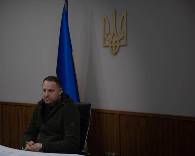 Andriy Yermak, alors chef de cabinet du président ukrainien, lors d'un point presse au palais présidentiel de Kiev, le 31 mars 2022.