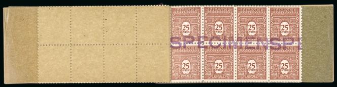 Intérieur du carnet de timbres de la première série « Arc de triomphe » surchargés « SPECIMEN ».