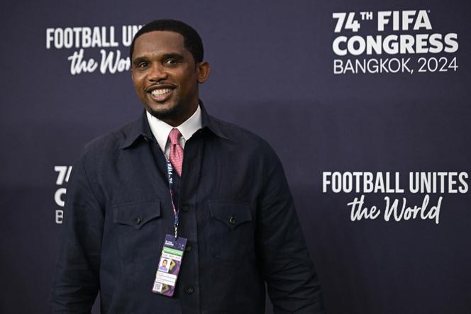 L’ancien footballeur camerounais Samuel Eto’o lors du 74e congrès de la FIFA à Bangkok, le 17 mai 2024.