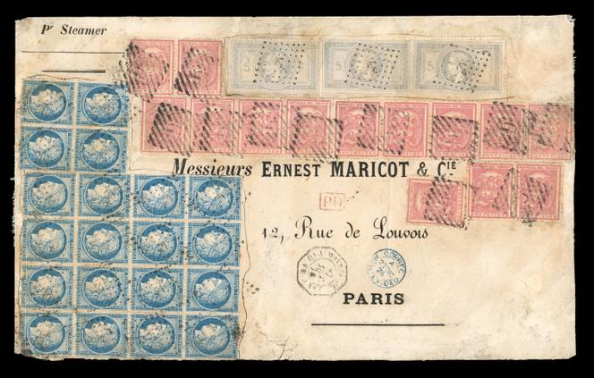 Estimation de 24 000 à 30 000 francs suisse pour ce devant d’enveloppe de 1874 au départ de l’Uruguay pour la France avec un affranchissement mixte comprenant un 5 francs « Empire ».