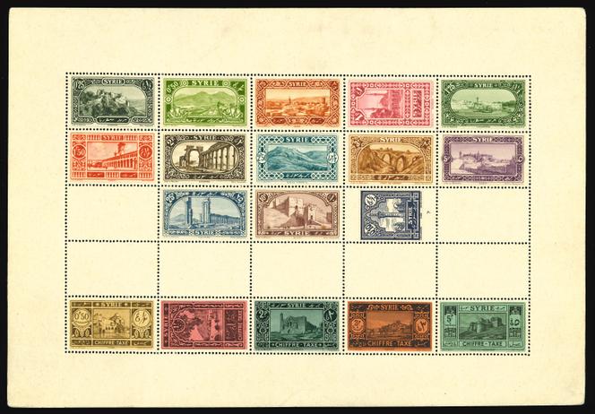 Syrie, série « Sites » de 1925 et cinq timbres-taxe de 1925-1931, réunis dans un « bloc ministériel cartonné neuf », 3 000 à 5 000 euros.