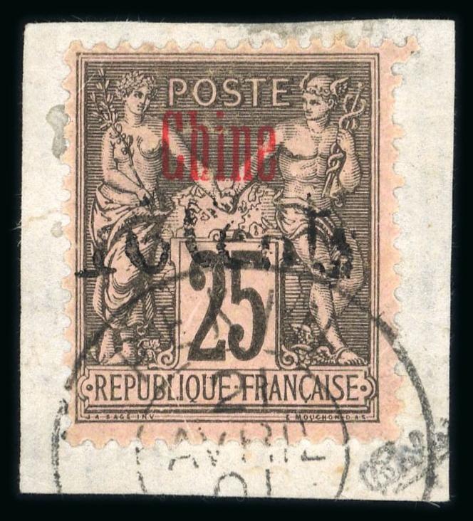 Chine : timbre au type « Sage » de 1901, « 16 c » surchargé sur 25 centimes noir sur rose, et « Chine » en rouge, oblitéré sur petit fragment, très beau cachet à date du 21 avril 1901 de Pékin. Estimation de 2 600 à 5 000 euros,