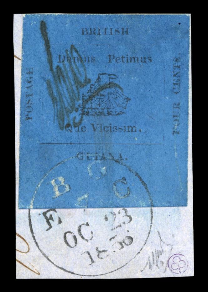 Guyane britannique, 4 cents noir sur bleu de 1856, sur fragment, 150 000 à 250 000 livres.