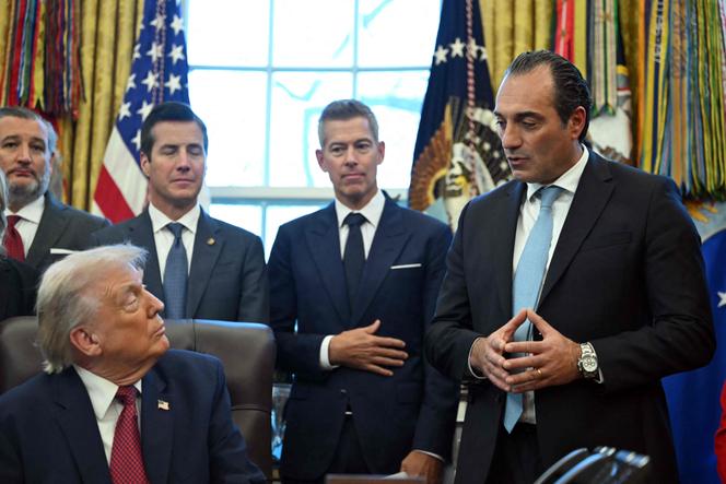 Donald Trump parle avec Antonio Filosa, le PDG de Stellantis, dans le bureau Ovale de la Maison Blanche, à Washington, le 3 décembre 2025.