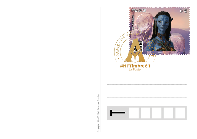 Neytiri, une des quatre cartes postales, numérotée, prétimbrée et préoblitérée en dorure à chaud, tirée à 500 exemplaires.