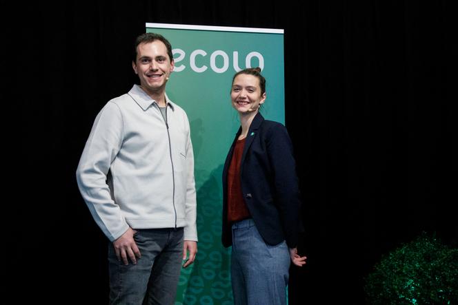 Samuel Cogolati et Marie Lecocq, coprésidents d’Ecolo, lors de la réception de Nouvel An de leur parti francophone, à Bruxelles, le 20 janvier 2025.