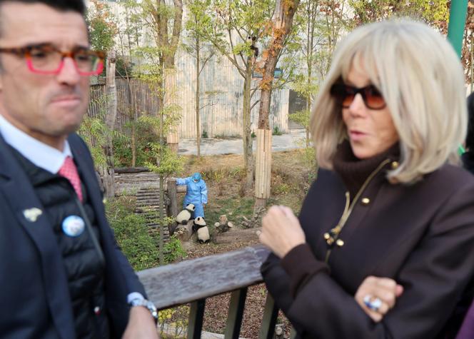 Un membre du personnel s’occupe des pandas, tandis que Brigitte Macron et Rodolphe Delord, directeur du ZooParc de Beauval, visitent le Centre de recherche et d’élevage du panda géant de Chengdu, dans la province du Sichuan, en Chine, le 5 décembre 2025. 