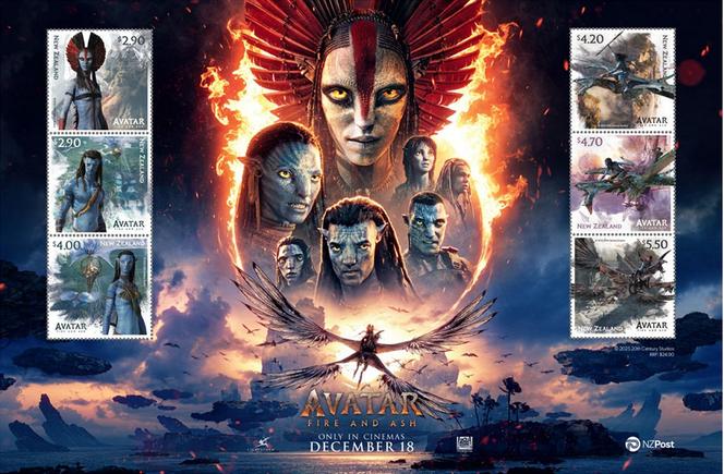 « Avatar : de feu et de cendres », feuillet de six timbres émis par la Nouvelle-Zélande le 1er décembre.