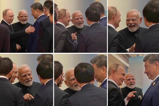 Sur cette photo composite, le président russe, Vladimir Poutine (à gauche), le premier ministre indien, Narendra Modi (au centre), et le président chinois, Xi Jinping, s’entretiennent avant le sommet de l’Organisation de coopération de Shanghaï, à Tianjin (Chine), le 1ᵉʳ septembre&nbsp;2025. 