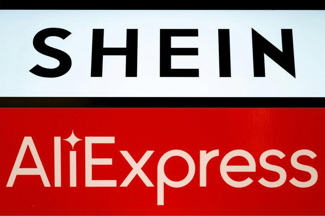 Le logo du géant asiatique du commerce électronique Shein sur son stand au Bazar de l’Hôtel de Ville (BHV), à Paris, le 4 novembre 2025, et le logo d’AliExpress dans un magasin éphémère à Paris, le 24 septembre 2020. 