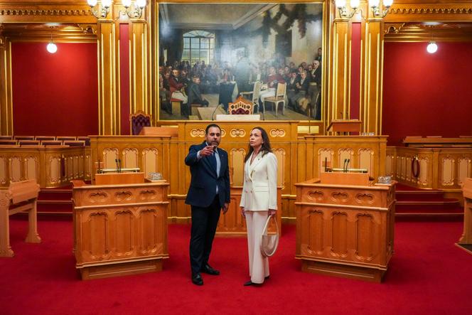 La lauréate du prix Nobel de la paix María Corina Machado rend visite au Storting avec le président du Parlement norvégien Masud Gharahkhani, jeudi 11 décembre 2025 à Oslo, en Norvège. 