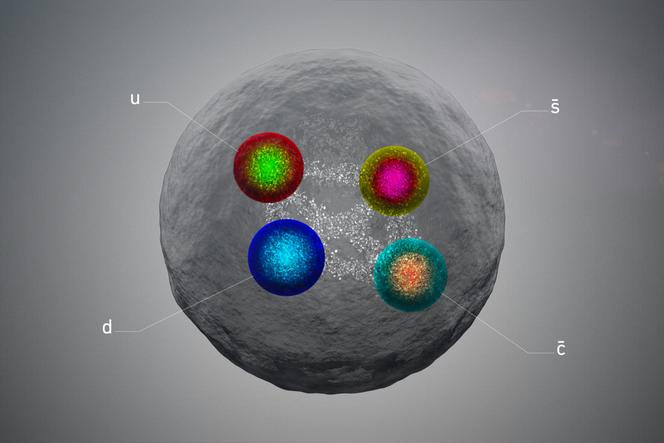Vue artistique du tétraquark montrant ses constituants (quarks).
