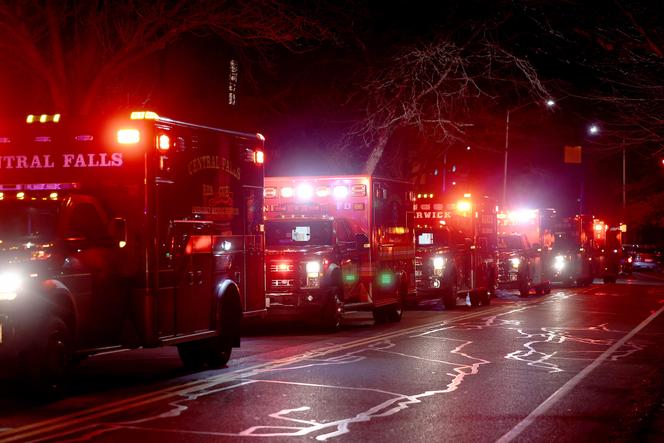 Ambulances line Hope Street at Brown University in Providence, R.I., Saturday, Dec. 13, 2025, during reports of a shooting. (AP/Mark Stockwell)