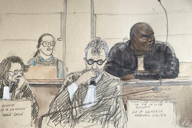 Un dessin de la première journée d’audience lors du procès de l’ancien chef de guerre congolais Roger Lumbala, dans la cour d’assises de Paris, le 12 novembre 2025.