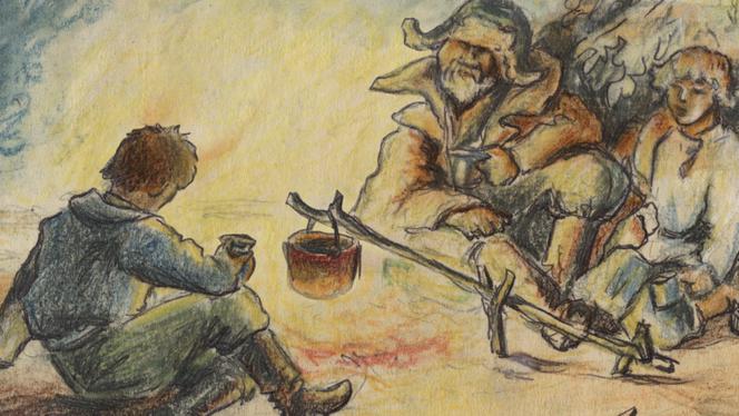 Dessin de Frosia, dans lequel Likatchov l’alerte sur la faim qui gouverne la vie au goulag, extrait du film « Frosia, une femme libre au goulag » (2024), d’Anne Georget.