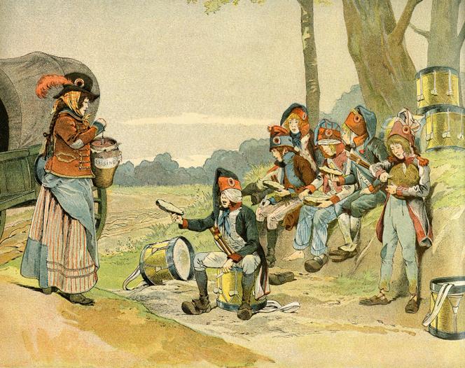 Cantinière s’occupant du repas de jeunes tambours de l’armée de Bonaparte, vers 1796. Illustration de Job (1898).