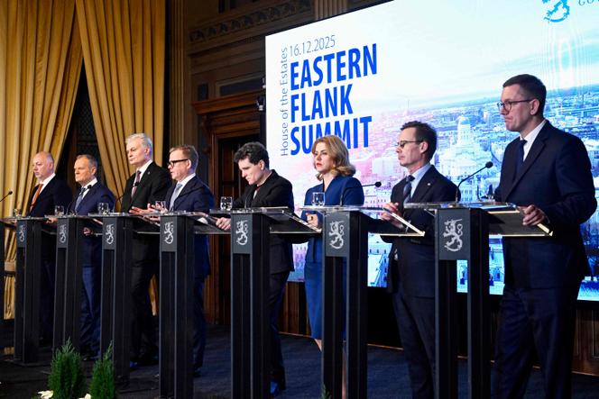 Les huit chefs d’Etat et de gouvernement européens de la partie orientale de l’UE, réunis à Helsinki, le 16 décembre 2025.