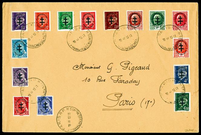 Timbres de la Libération sur lettre, oblitération du 13 novembre 1944 : 3 815 euros.