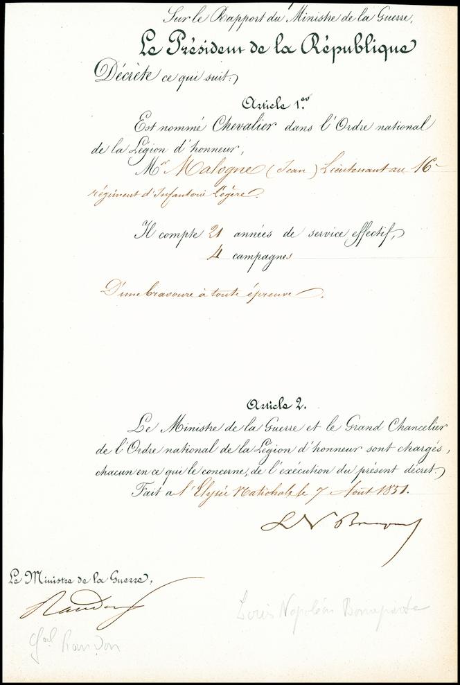 Document à en-tête « Le Président de la République » pour la nomination d’un chevalier de la Légion d’honneur avec les signatures autographes « LN Bonaparte » et du ministre de la guerre Randon : 264 euros.