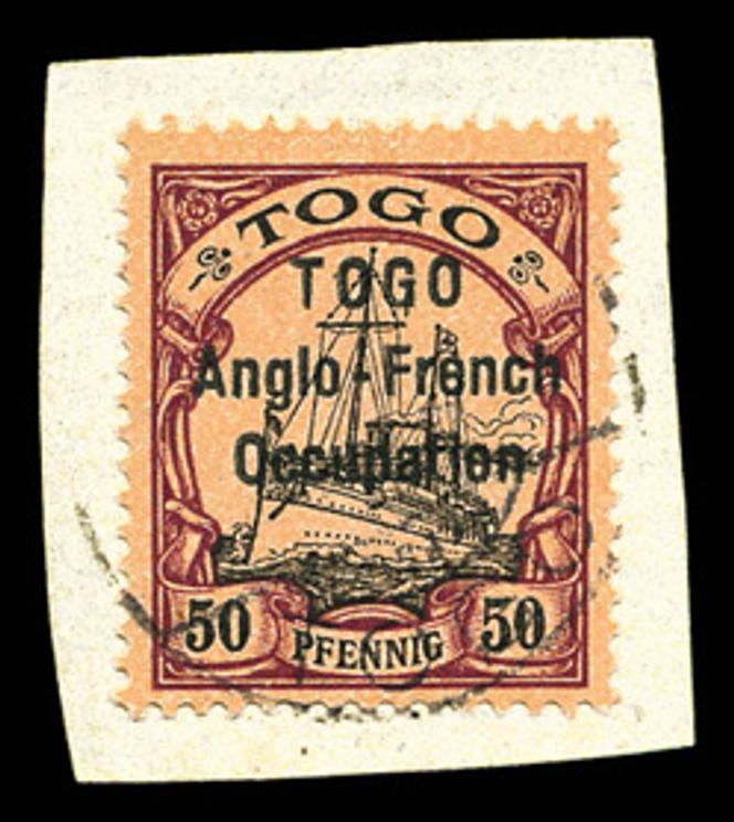 Togo (allemand), un 50 pfennigs lilas-pourpre et noir sur chamois, avec surcharge « TOGO-Anglo-French Occupation » de 1914 : 5 500 euros.