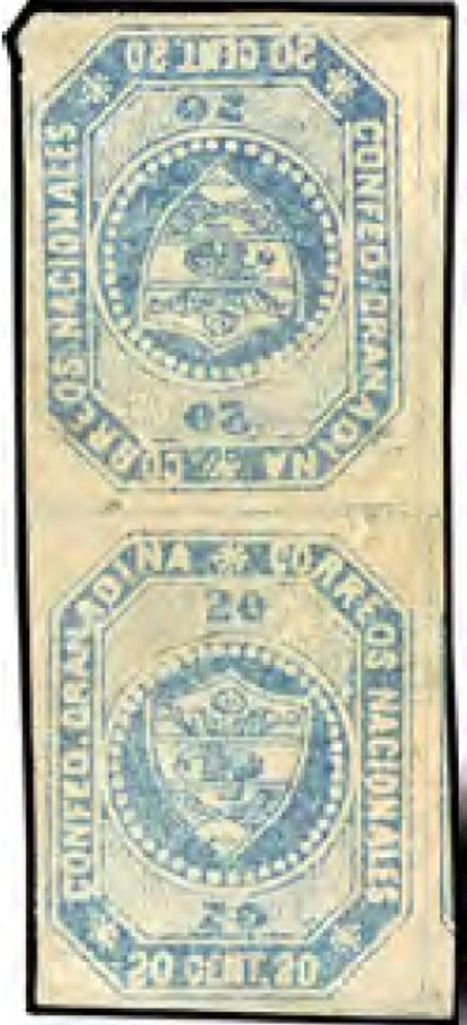 Colombie, paire tête-bêche verticale du 20 c. bleu (« Correos nacionales Confed. Granadina ») : 95 185 euros.