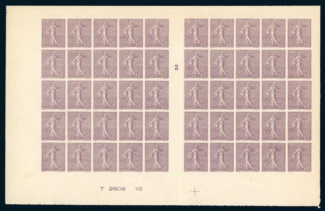 Panneau non dentelé de 50 exemplaires du 30 centimes « Semeuse » lignée lilas. Prix de départ à 4 500 euros (vente Boule du 16 janvier).