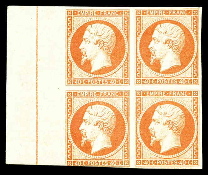 Bloc de quatre du 40 centimes orange de l’Empire, non dentelé, avec un grand bord de feuille latéral, filet du timbre in férieur gauche touché : 11 379 euros.