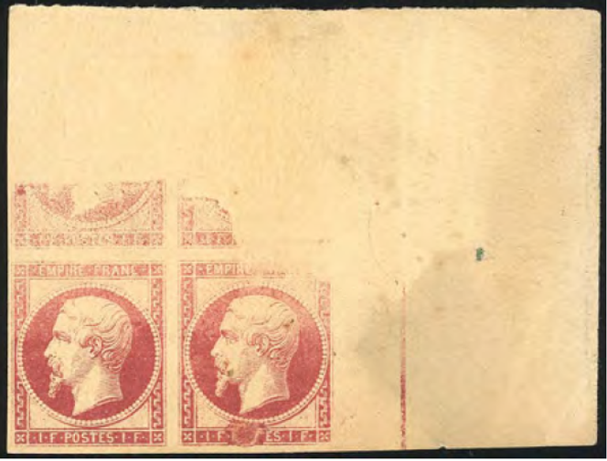 Bloc de quatre du 1 franc carmin de l’Empire, non dentelé, variété d’impression « défectueuse » : 38 403 euros.