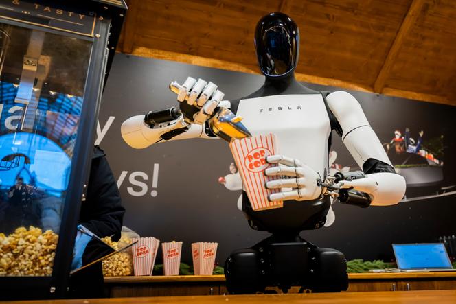 Le robot humanoïde Optimus de Tesla au marché de Noël de Berlin, lors de sa présentation, le 20&nbsp;décembre&nbsp;2025.