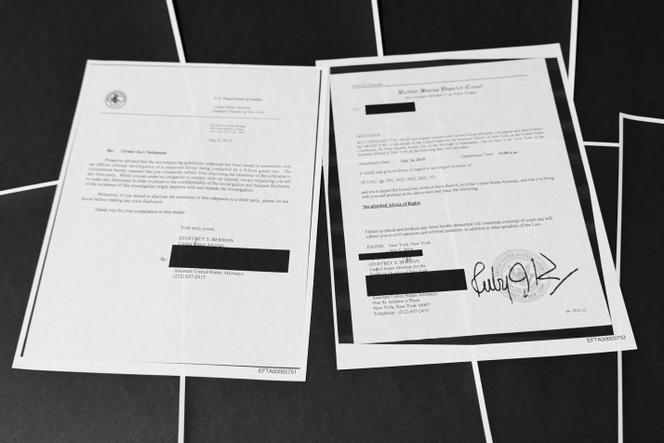 Exemple de documents rendus publics par le ministère de la justice américain dans l’affaire Epstein, le 19 décembre 2025.