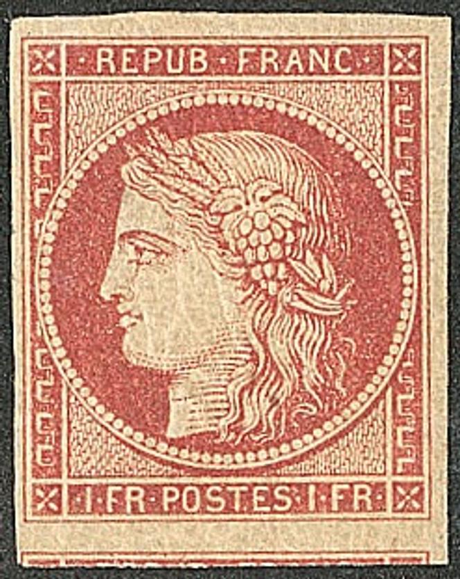 1&nbsp;franc vermillon vif, vente Roumet du 30&nbsp;septembre, cote 140&nbsp;000&nbsp;euros, prix de départ 50&nbsp;000&nbsp;euros, adjugé 53&nbsp;027&nbsp;euros.