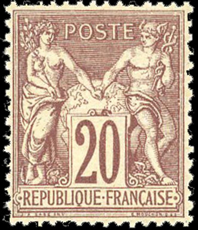 Vente Behr du 12&nbsp;décembre, type «&nbsp;Sage&nbsp;», 20&nbsp;centimes brun-lilas (1876), «&nbsp;centrage exceptionnel&nbsp;», coté 850&nbsp;euros, prix de vente&nbsp;: 560&nbsp;euros.