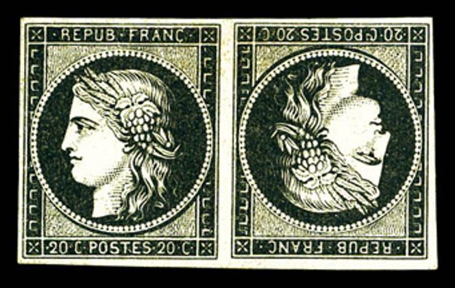 Paire tête-bêche du 20&nbsp;centimes noir sur jaune au type «&nbsp;Cérès&nbsp;». Cote&nbsp;: 14&nbsp;000&nbsp;euros. Proposée au prix de 6&nbsp;000&nbsp;euros par La Postale philatélie le 16&nbsp;décembre.