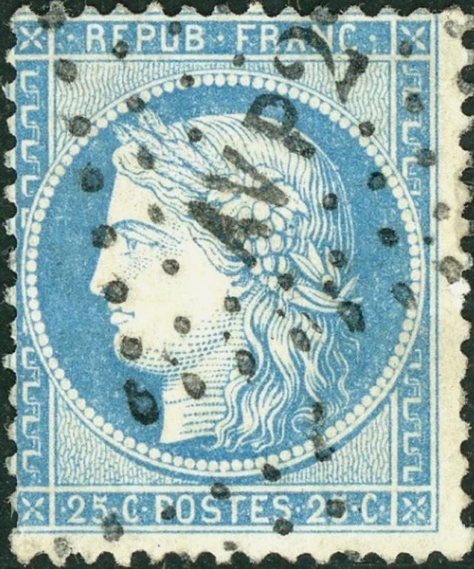 25&nbsp;centimes bleu «&nbsp;Cérès&nbsp;», oblitération ambulant&nbsp;«&nbsp;AVP2&nbsp;»,&nbsp;Avricourt à Paris 2e, cote de 5&nbsp;euros.