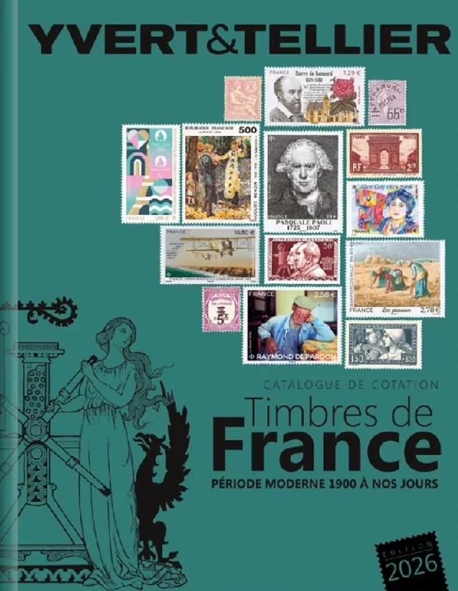 «&nbsp;Catalogue de cotation. Timbres de France. Edition 2026&nbsp;», en deux volumes, «&nbsp;Période classique 1849-1900&nbsp;» (296&nbsp;pages) et «&nbsp;Période moderne 1900&nbsp;à nos jours&nbsp;» (736&nbsp;pages), illustré ici.&nbsp;Yvert et Tellier, format 210&nbsp;x 270&nbsp;mm, 39,90&nbsp;euros.