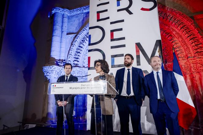 Mathieu Lefèvre, ministre délégué chargé de la transition écologique, Rachida Dati, ministre de la culture, et Vincent Jeanbrun, ministre du logement, à la clôture de « Demain nos villes. 30 projets pour les quartiers », à la Cité de l’architecture et du patrimoine, à Paris, le 2&nbsp;décembre 2025.