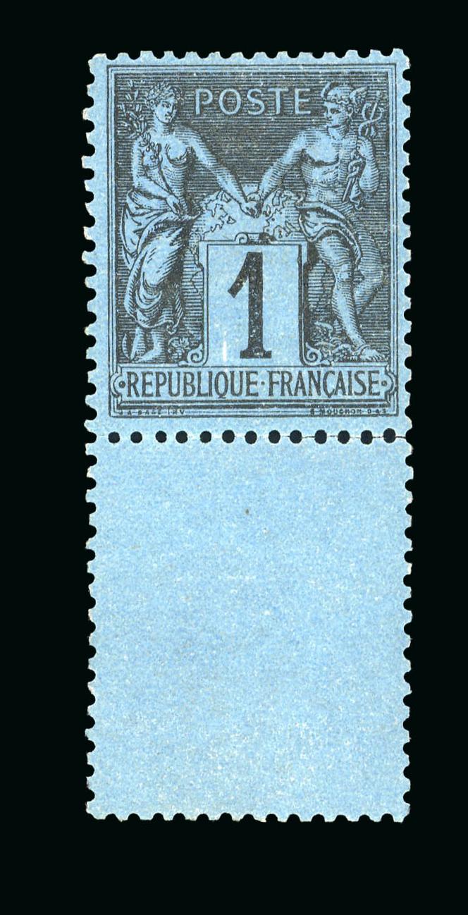 Type «&nbsp;Sage&nbsp;» 1&nbsp;centime noir sur bleu de Prusse (1876), timbre neuf, belle gomme d’origine superbe avec l’interpanneau attenant, 6&nbsp;900&nbsp;euros aux enchères chez David Feldman (Suisse) le 27&nbsp;mai.