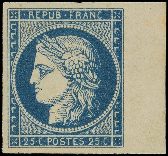Vente Cérès philatélie du 21&nbsp;octobre, n°&nbsp;4a, 25&nbsp;centimes bleu foncé, bord de feuille, neuf avec gomme, «&nbsp;grande fraîcheur&nbsp;», cote 9&nbsp;250&nbsp;euros, adjugé 3&nbsp;900&nbsp;euros.