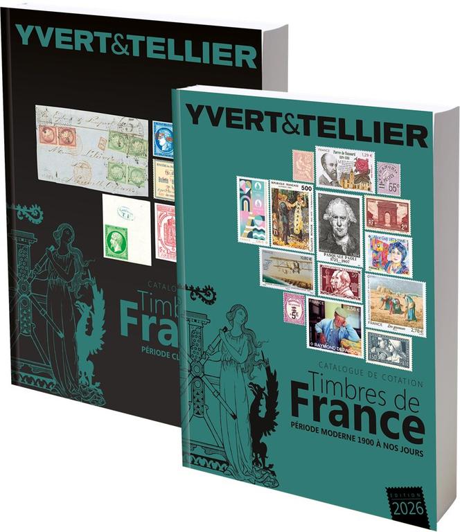 «&nbsp;Catalogue de cotation. Timbres de France. Edition 2026&nbsp;&nbsp;»,&nbsp;en deux volumes,&nbsp;«&nbsp;Période classique 1849-1900&nbsp;»&nbsp;(296&nbsp;pages) et&nbsp;«&nbsp;Période moderne 1900&nbsp;à nos jours&nbsp;» (736&nbsp;pages).&nbsp;Yvert et Tellier, format 210&nbsp;x&nbsp;270&nbsp;mm, 39,90&nbsp;euros.