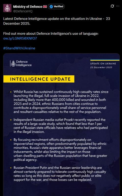 La note publiée par les services de renseignement du ministère de la défense britannique, mardi 23 décembre 2025.