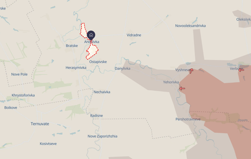 Capture d’écran de la carte de DeepState montrant la ligne de front dans le secteur dePrylipka, dans l’oblast de Dnipropetrovsk.