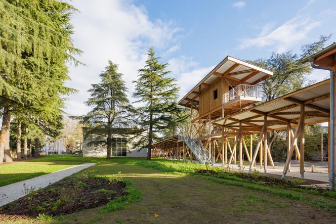 Préau en bois reliant les différents nouveaux bâtiments de Mixt, à Nantes, le 26 novembre 2025.