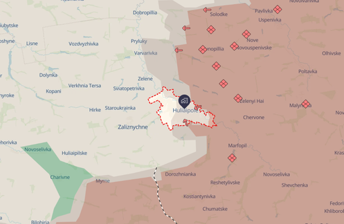 Capture d’écran de la carte de DeepState centrée sur Houliaïpole, dans l’oblast de Zaporijia.
