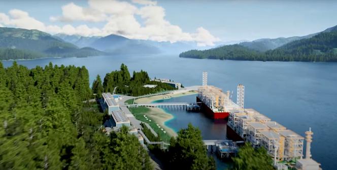 Rendu en image de synthèse du projet gazier Ksi Lisims LNG qui pourrait être construit en Colombie-Britannique, province nord ouest du Canada.